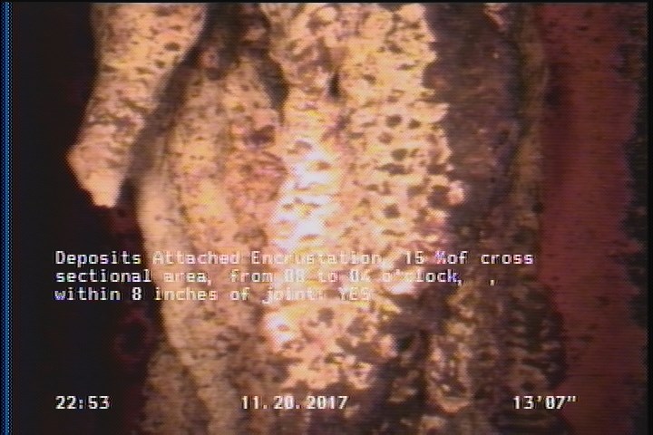 Deposits Attached Encrustation, 15 %of cross sectional area, from 08 to 04 o'clock, , within 8 inches of joint: YES, Start