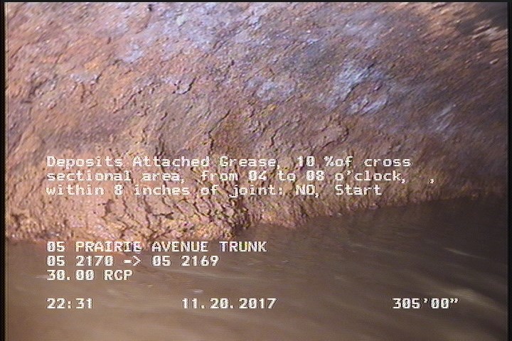 Deposits Attached Grease, 10 %of cross sectional area, from 04 to 08 o'clock, , within 8 inches of joint: NO, Start