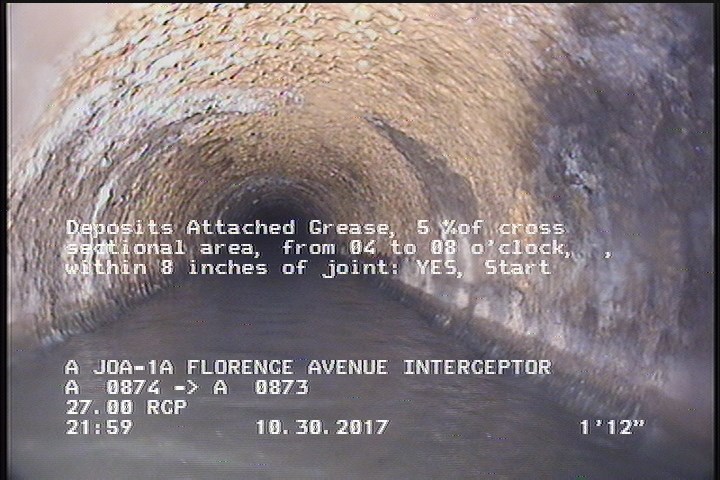 Deposits Attached Grease, 5 %of cross sectional area, from 04 to 08 o'clock, , within 8 inches of joint: YES, Start