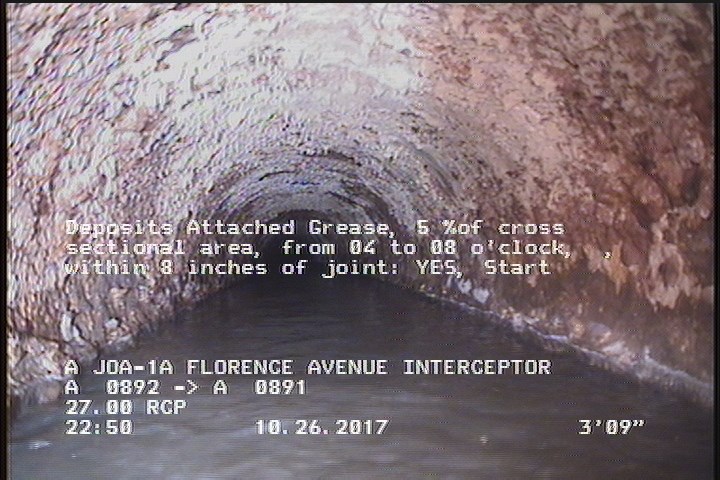Deposits Attached Grease, 5 %of cross sectional area, from 04 to 08 o'clock, , within 8 inches of joint: YES, Start