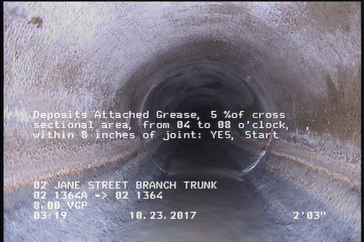 Deposits Attached Grease, 5 %of cross sectional area, from 04 to 08 o'clock, , within 8 inches of joint: YES, Start
