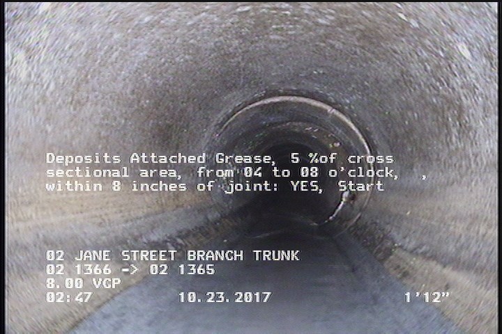 Deposits Attached Grease, 5 %of cross sectional area, from 04 to 08 o'clock, , within 8 inches of joint: YES, Start