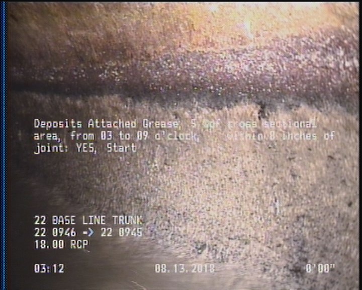 Deposits Attached Grease, 5 %of cross sectional area, from 03 to 09 o'clock, , within 8 inches of joint: YES, Start