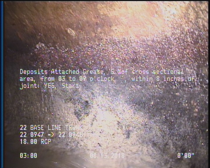 Deposits Attached Grease, 5 %of cross sectional area, from 03 to 09 o'clock, , within 8 inches of joint: YES, Start