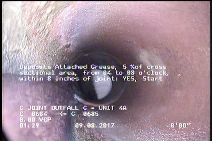 Deposits Attached Grease, 5 %of cross sectional area, from 04 to 08 o'clock, , within 8 inches of joint: YES