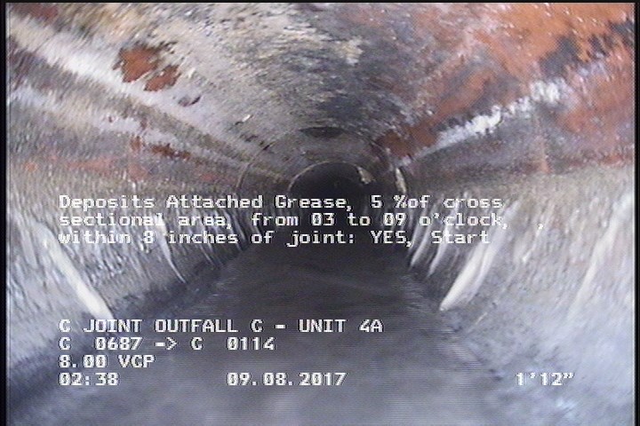 Deposits Attached Grease, 5 %of cross sectional area, from 03 to 09 o'clock, , within 8 inches of joint: YES, Start