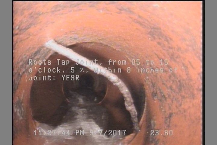 Roots Tap Joint, from 05 to 10 o'clock, 5 %, within 8 inches of joint: YESR
