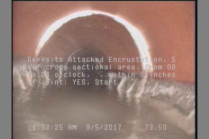 Deposits Attached Encrustation, 5 %of cross sectional area, from 08 to 04 o'clock, , within 8 inches of joint: YES, Start