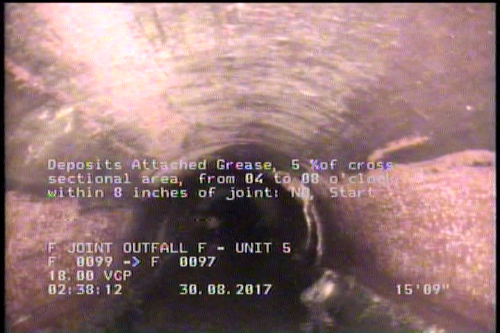 Deposits Attached Grease, 5 %of cross sectional area, from 04 to 08 o'clock, , within 8 inches of joint: NO, Start