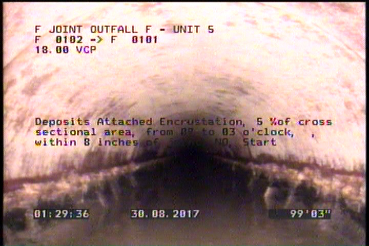 Deposits Attached Encrustation, 5 %of cross sectional area, from 09 to 03 o'clock, , within 8 inches of joint: NO, Start