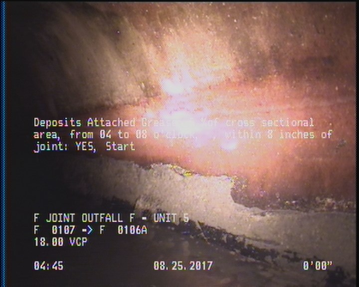 Deposits Attached Grease, 5 %of cross sectional area, from 04 to 08 o'clock, , within 8 inches of joint: YES, Start