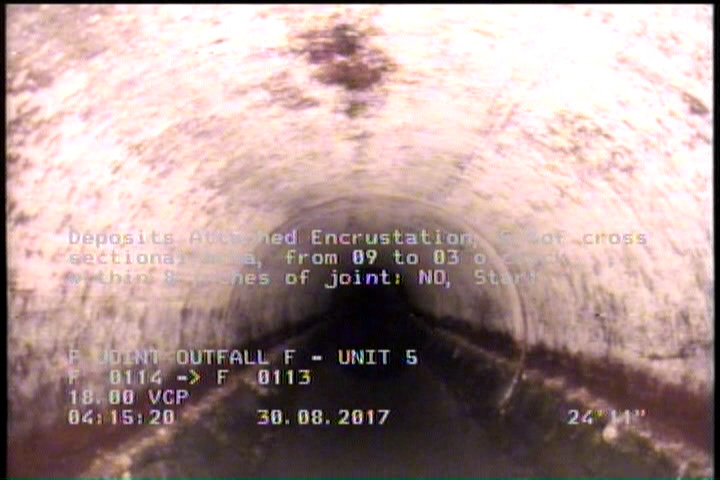 Deposits Attached Encrustation, 5 %of cross sectional area, from 09 to 03 o'clock, , within 8 inches of joint: NO, Start