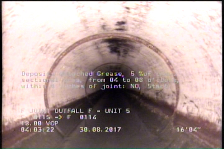Deposits Attached Grease, 5 %of cross sectional area, from 04 to 08 o'clock, , within 8 inches of joint: NO, Start