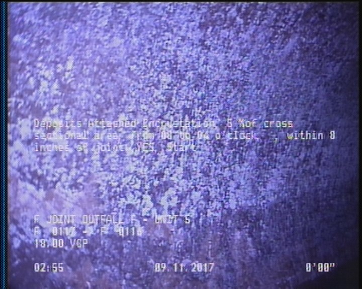 Deposits Attached Encrustation, 5 %of cross sectional area, from 08 to 04 o'clock, , within 8 inches of joint: YES, Start