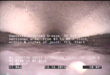Deposits Attached Grease, 15 %of cross sectional area, from 03 to 09 o'clock, , within 8 inches of joint: YES, Start