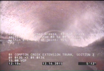 Deposits Attached Grease, 15 %of cross sectional area, from 03 to 09 o'clock, , within 8 inches of joint: YES, Start
