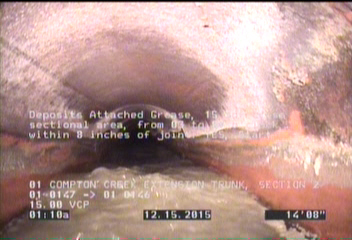 Deposits Attached Grease, 15 %of cross sectional area, from 03 to 09 o'clock, , within 8 inches of joint: YES, Start