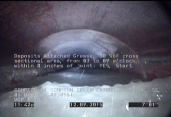 Deposits Attached Grease, 30 %of cross sectional area, from 03 to 09 o'clock, , within 8 inches of joint: YES, Start