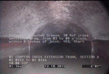 Deposits Attached Grease, 30 %of cross sectional area, from 03 to 09 o'clock, , within 8 inches of joint: YES, Start