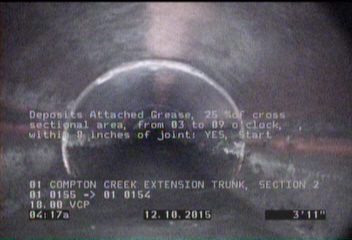 Deposits Attached Grease, 25 %of cross sectional area, from 03 to 09 o'clock, , within 8 inches of joint: YES, Start