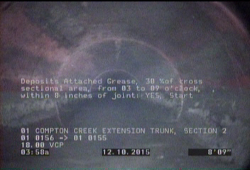 Deposits Attached Grease, 30 %of cross sectional area, from 03 to 09 o'clock, , within 8 inches of joint: YES, Start
