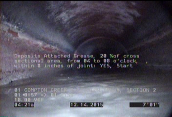 Deposits Attached Grease, 20 %of cross sectional area, from 04 to 08 o'clock, , within 8 inches of joint: YES, Start