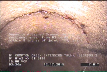 Deposits Attached Grease, 20 %of cross sectional area, from 03 to 09 o'clock, , within 8 inches of joint: YES, Start
