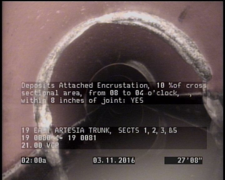 Deposits Attached Encrustation, 10 %of cross sectional area, from 08 to 04 o'clock, , within 8 inches of joint: YES