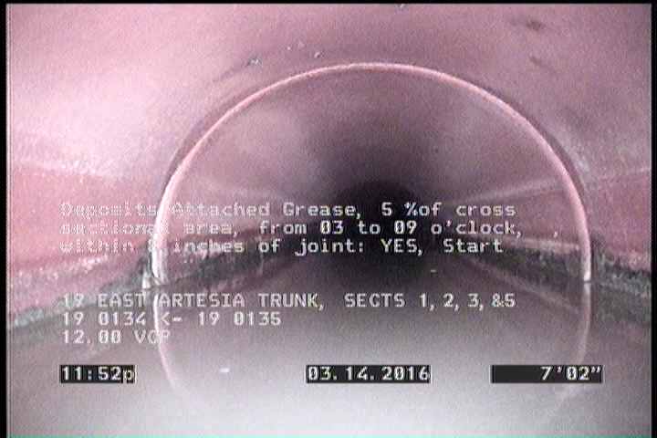 Deposits Attached Grease, 5 %of cross sectional area, from 03 to 09 o'clock, , within 8 inches of joint: YES, Start