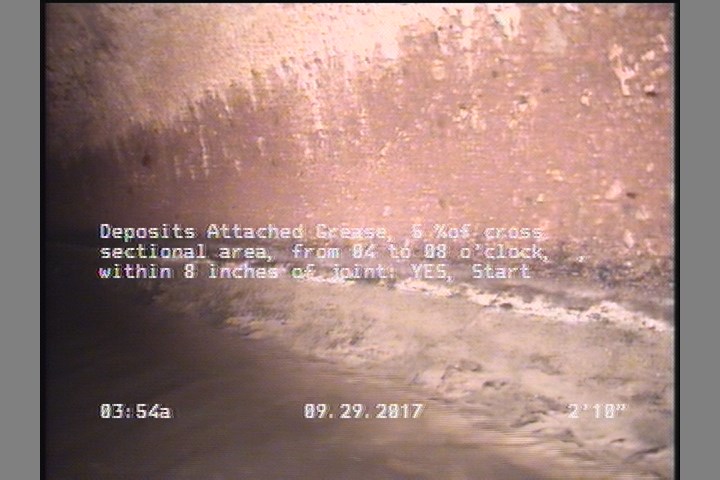 Deposits Attached Grease, 5 %of cross sectional area, from 04 to 08 o'clock, , within 8 inches of joint: YES, Start