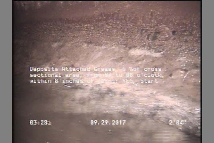 Deposits Attached Grease, 5 %of cross sectional area, from 04 to 08 o'clock, , within 8 inches of joint: YES, Start