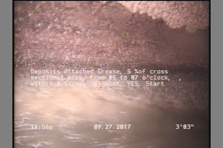 Deposits Attached Grease, 5 %of cross sectional area, from 05 to 07 o'clock, , within 8 inches of joint: YES, Start