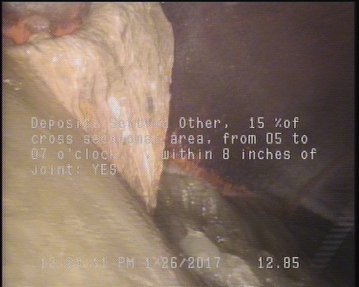 Deposits Settled Other, 15 %of cross sectional area, from 05 to 07 o'clock, , within 8 inches of joint: YES, Start