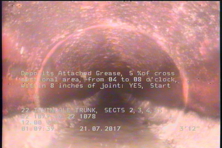 Deposits Attached Grease, 5 %of cross sectional area, from 04 to 08 o'clock, , within 8 inches of joint: YES, Start