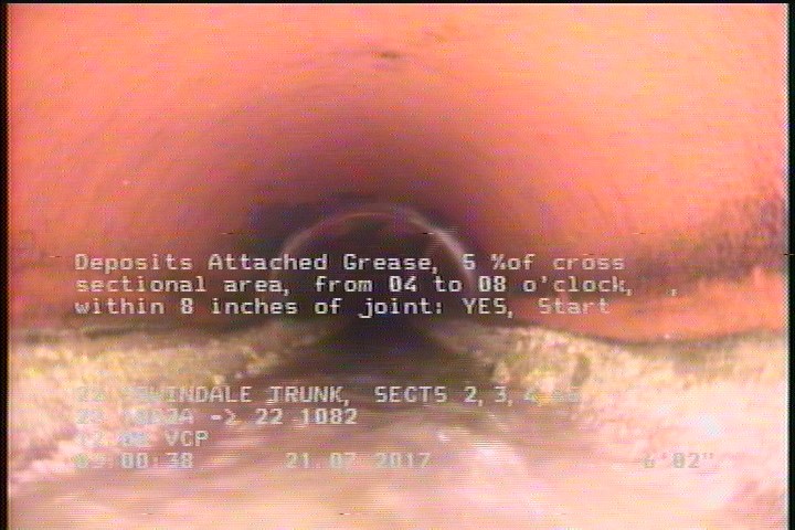 Deposits Attached Grease, 5 %of cross sectional area, from 04 to 08 o'clock, , within 8 inches of joint: YES, Start