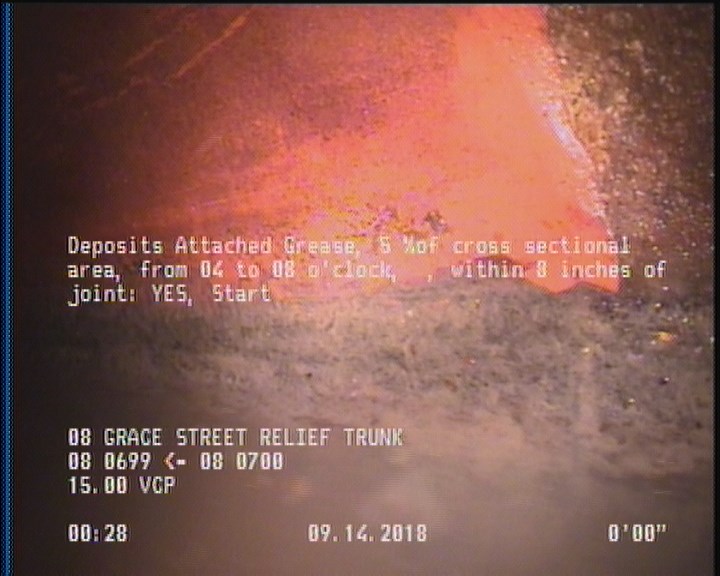 Deposits Attached Grease, 5 %of cross sectional area, from 04 to 08 o'clock, , within 8 inches of joint: YES, Start