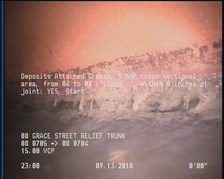 Deposits Attached Grease, 5 %of cross sectional area, from 04 to 08 o'clock, , within 8 inches of joint: YES, Start
