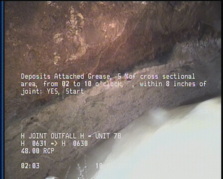 Deposits Attached Grease, 5 %of cross sectional area, from 02 to 10 o'clock, , within 8 inches of joint: YES, Start