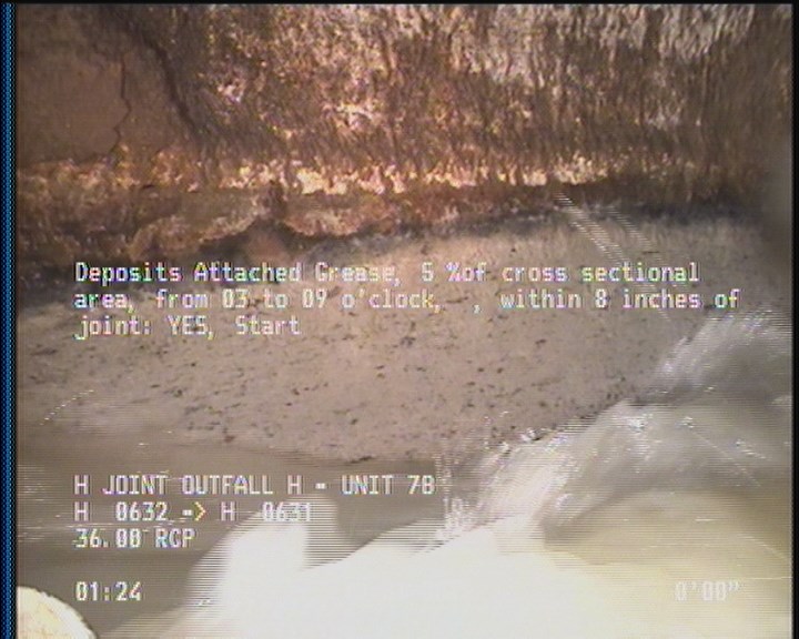 Deposits Attached Grease, 5 %of cross sectional area, from 03 to 09 o'clock, , within 8 inches of joint: YES, Start