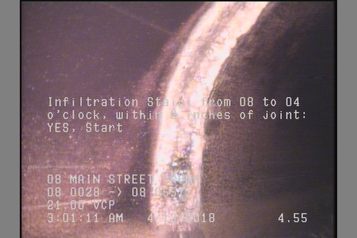 Infiltration Stain, from 08 to 04 o'clock, within 8 inches of joint: YES, Start