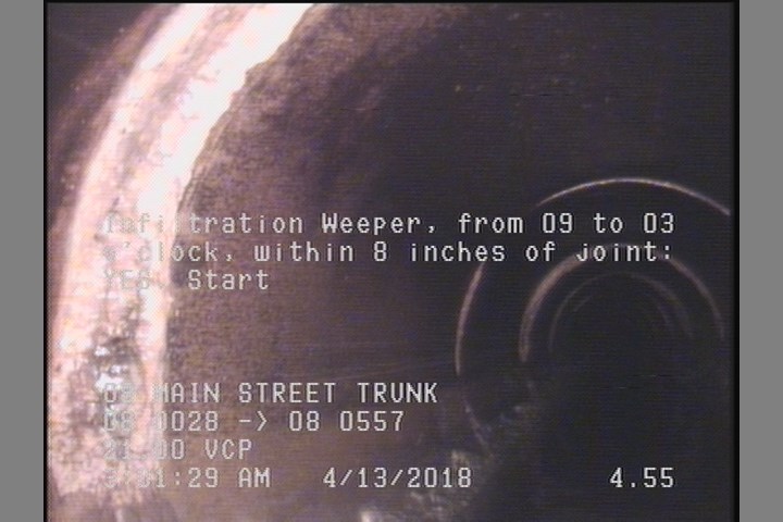 Infiltration Weeper, from 09 to 03 o'clock, within 8 inches of joint: YES, Start