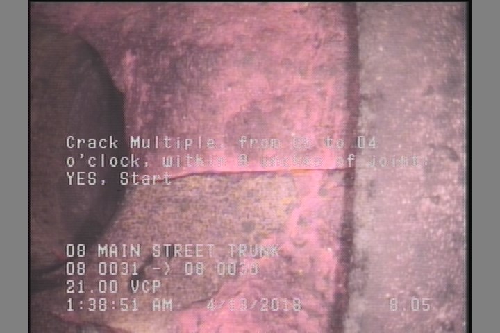 Crack Multiple, from 08 to 04 o'clock, within 8 inches of joint: YES, Start