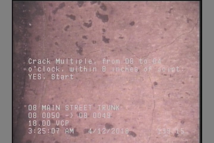 Crack Multiple, from 08 to 04 o'clock, within 8 inches of joint: YES, Start