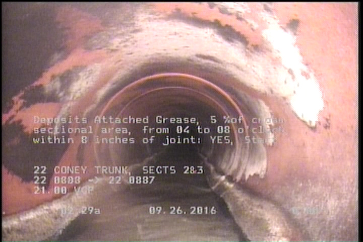 Deposits Attached Grease, 5 %of cross sectional area, from 04 to 08 o'clock, , within 8 inches of joint: YES, Start
