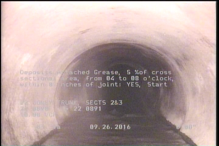 Deposits Attached Grease, 5 %of cross sectional area, from 04 to 08 o'clock, , within 8 inches of joint: YES, Start