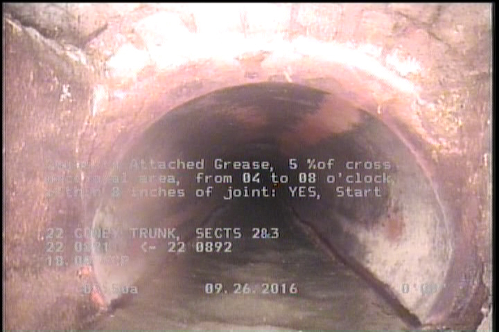 Deposits Attached Grease, 5 %of cross sectional area, from 04 to 08 o'clock, , within 8 inches of joint: YES, Start