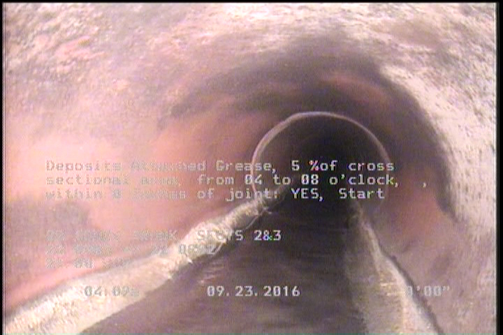 Deposits Attached Grease, 5 %of cross sectional area, from 04 to 08 o'clock, , within 8 inches of joint: YES, Start