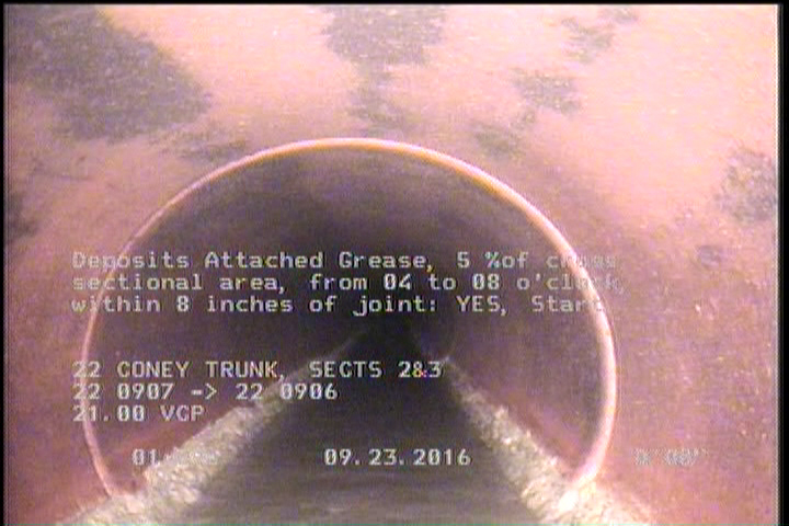 Deposits Attached Grease, 5 %of cross sectional area, from 04 to 08 o'clock, , within 8 inches of joint: YES, Start