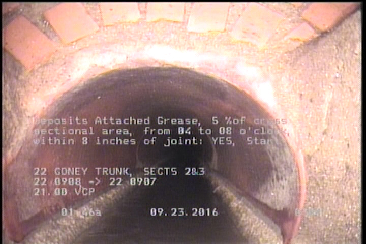 Deposits Attached Grease, 5 %of cross sectional area, from 04 to 08 o'clock, , within 8 inches of joint: YES, Start
