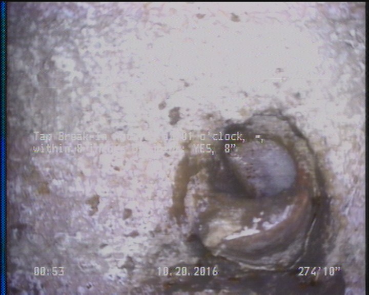 Tap Break-In Active, at 01 o'clock, -, within 8 inches of joint: YES, 8"